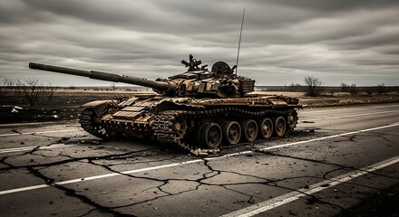 Damaged military tank on a cracked road, under a stormy sky, suggesting conflict and destruction.