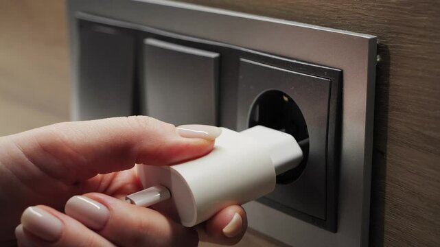 Close-up footage of hand inserting electrical plug into wall socket, connecting power source for electronic devices. High quality 4k footage