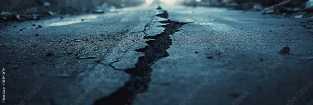 Poster deep cracks splitting asphalt roads after an earthquake, showcasing the immense power of seismic wav