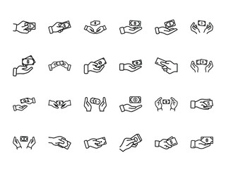 Hand Holding Money Icons Bundle – Minimalist Silhouette and Outline Style Currency Transaction Icons on White Background for Finance, Payment, Donation, and Business UI/UX Design

