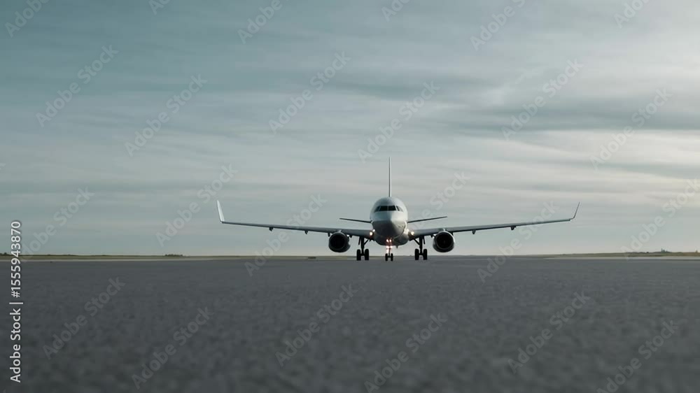 Poster White passenger airplane navigating airport runway, rolling beneath cloudy skies while preparing for departure or completing arrival sequence