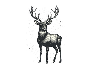 Christmas reindeer silhouette, vintage black sketch, festive animal icon, hand-drawn seasonal decor, old engraving style, holiday motif, winter wildlife illustration, rustic charm