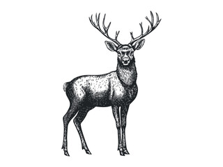 Festive Christmas reindeer engraving, vintage black sketch style, holiday animal icon, hand-drawn seasonal decor, trendy winter motif, rustic wildlife art, classic engraving design