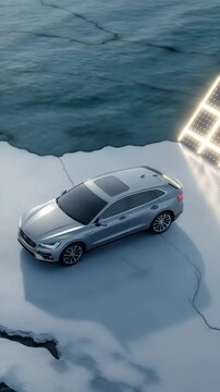 Elektrofahrzeug auf schmelzendem Eis mit Solarpanel &ndash; Symbol f&uuml;r Hoffnung in der Klimakrise. K&uuml;nstliche Intelligenz KI