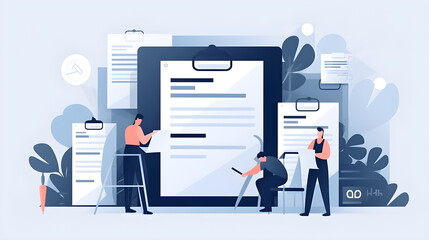 Checklist document concept, Quiz question answering, online survey form completion corporate.