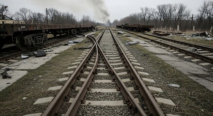 Obraz premium A railway junction with damaged freight cars, amidst a scene of destruction and smoke.