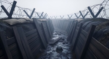 Foggy World War I trench system, showing wooden fortifications and barbed wire.