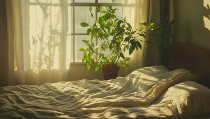 Natural light pours in through the large windows, casting soft shadows on the comfortable, unmade bed, and a glimpse of a potted plant in a leafy tub in front of it.