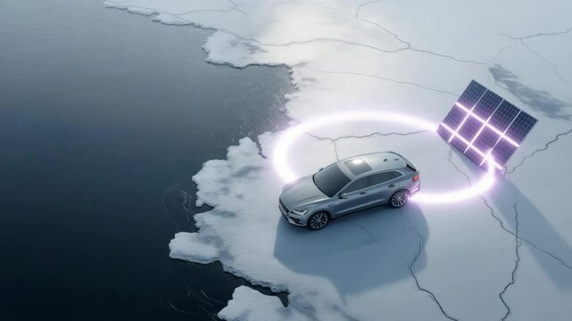 Elektrofahrzeug auf schmelzendem Eis mit Solarpanel &ndash; Symbol f&uuml;r Hoffnung in der Klimakrise. K&uuml;nstliche Intelligenz KI