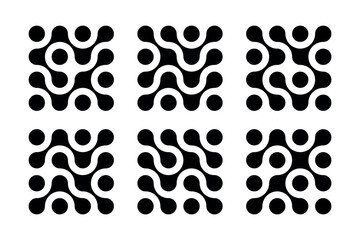 Abstract shape, metaball, morph spheres. Connected dots, science, molecular, nanotechnology. Set of black elements patterns isolated on white background.