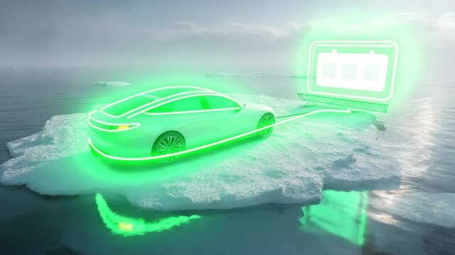Elektroauto auf treibender Eisscholle mit Energiefluss &ndash; Sinnbild f&uuml;r Mobilit&auml;tswende im Klimawandel. K&uuml;nstliche Intelligenz KI