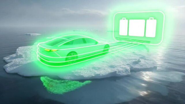 Elektroauto auf treibender Eisscholle mit Energiefluss &ndash; Sinnbild f&uuml;r Mobilit&auml;tswende im Klimawandel. K&uuml;nstliche Intelligenz KI
