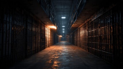 Dimly lit prison corridor, bars and shadows. Neural network AI generated