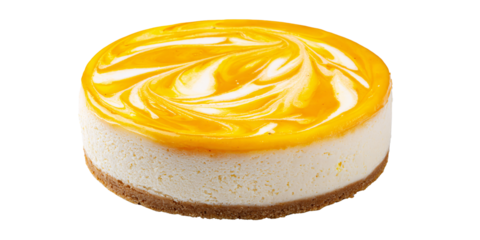 Delicious mango cheesecake with graham cracker crust and creamy filling on black background Sweet dessert concept for bakery, cafe, and food photography