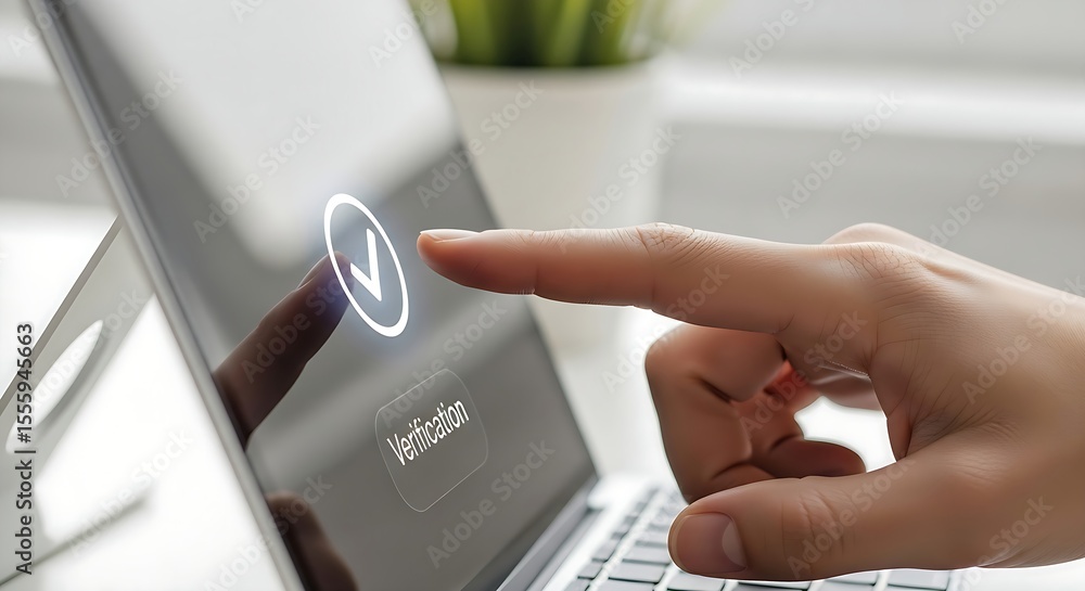 Aufkleber online verification process shown with hand touching a tablet, confirming identity with a check mark