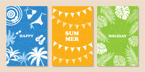 Summer sale banners. Creative vector holiday vacation cards set with grain pattern, tropical palm leaves, sea and beach swimsuit, hat, flip flops, sunglasses icons. Templates for ads, banner, poster.