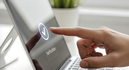 Online verification process shown with hand touching a tablet, confirming identity with a check mark for mobile security.
