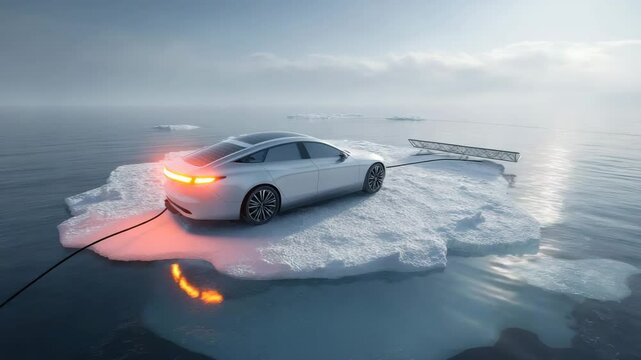 Elektroauto auf treibender Eisscholle mit Energiefluss &ndash; Sinnbild f&uuml;r Mobilit&auml;tswende im Klimawandel. K&uuml;nstliche Intelligenz KI