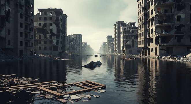 Flooded city ruins depict a post-apocalyptic landscape with destroyed buildings.