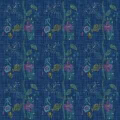 Playful botanical stripes in pastel tones on indigo background, creating a soft and whimsical textile pattern.