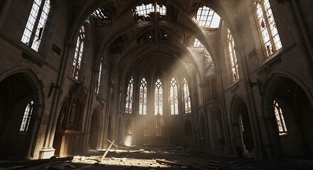Interior view of a dilapidated church with sunlight streaming through arched windows and damaged roof.