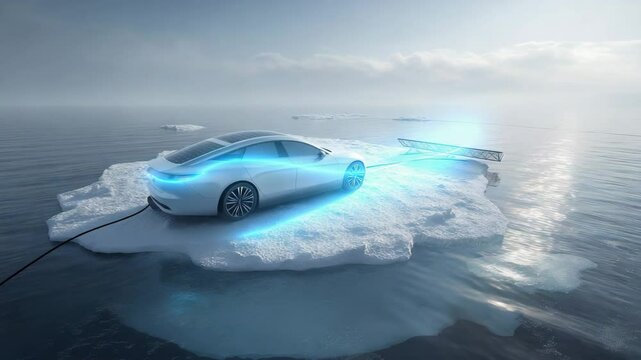 Elektroauto auf treibender Eisscholle mit Energiefluss &ndash; Sinnbild f&uuml;r Mobilit&auml;tswende im Klimawandel. K&uuml;nstliche Intelligenz KI
