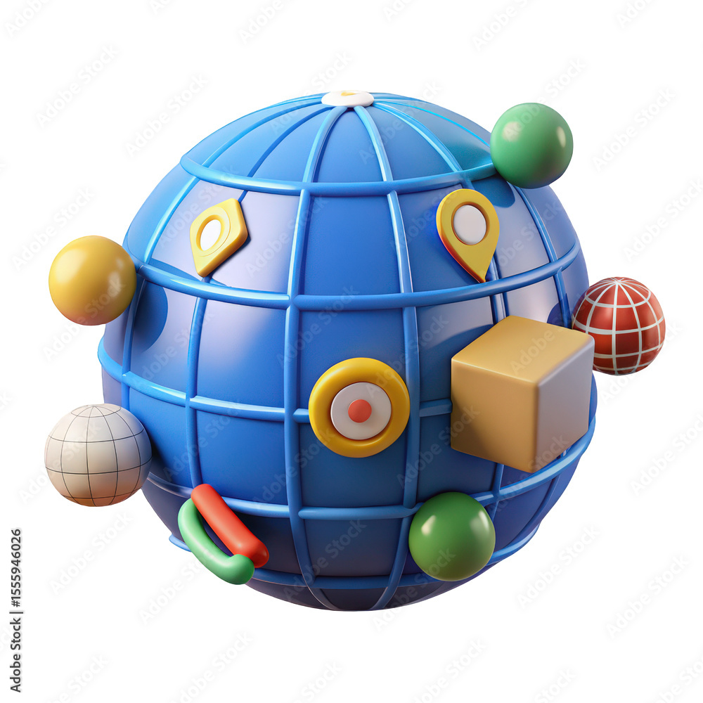Poster colorful 3d globe illustration with geometric shapes and location pins global network connection con