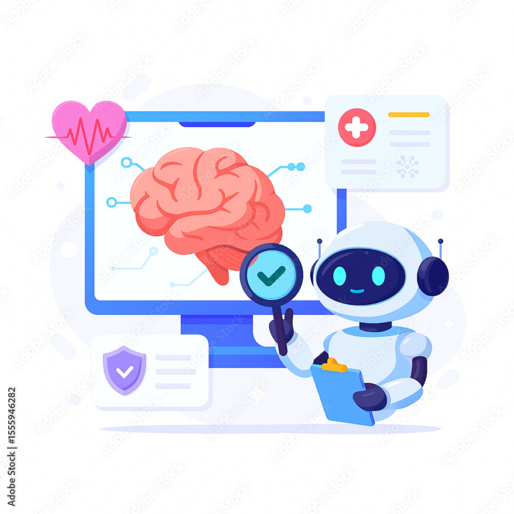 Poster artificial intelligence in healthcare is depicted as a friendly robot assistant, showing a brain sca