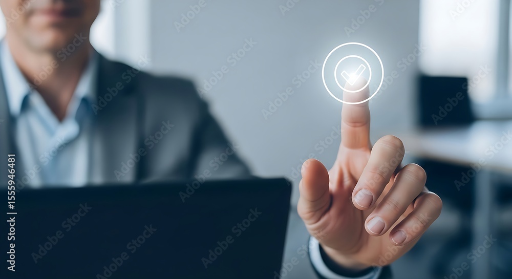 Poster man interacting with futuristic interface using finger touch, illustrating modern technology in busi