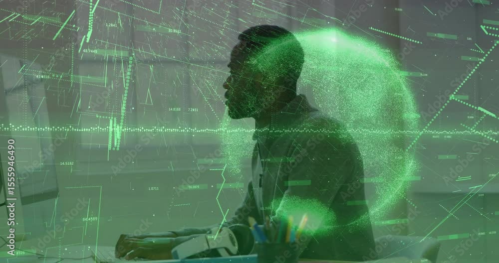 Aufkleber man typing on desk and starting green data overlay forming hologram globe analyzing technology