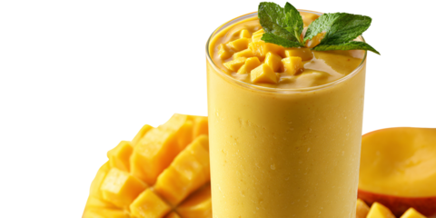 Refreshing Mango Smoothie in Glass with Fresh Mint and Mango Chunks Healthy Tropical Drink for Summer, Delicious and Nutritious