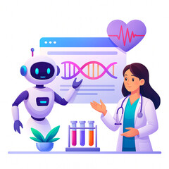 Doctor and robot partner in healthcare, researching DNA, using science and technology for medical advancements, displaying collaboration for a healthy future.