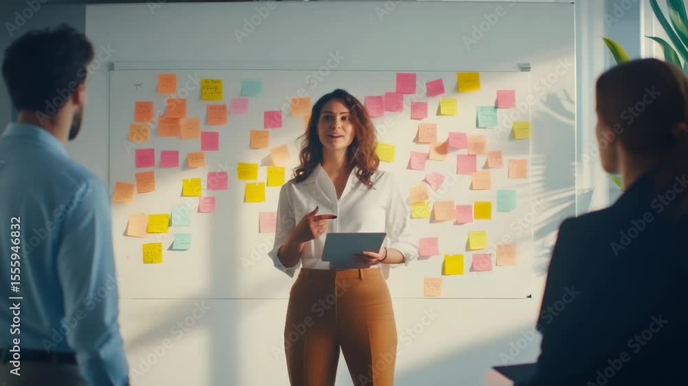 Poster in a brightly lit office, a project manager presents her innovative ideas to her team using colorful