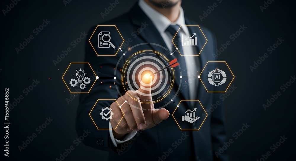 Aufkleber man pointing at a target with arrow hit in the center, representing business focus and achievement. 