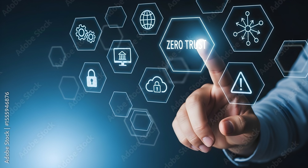 Poster a man's hand touching a virtual button with zero trust text and cybersecurity icons. digital securit