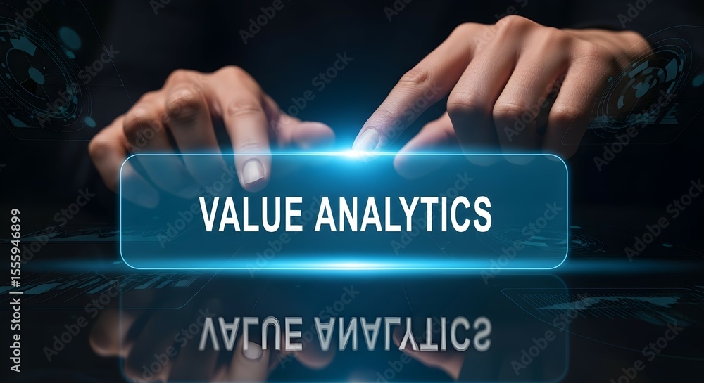 Poster man touching virtual screen with 'value analytics' text. digital interface for business intelligence