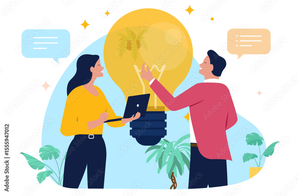 Poster two professional businesspeople discussing a business idea next to a large glowing lightbulb, with o