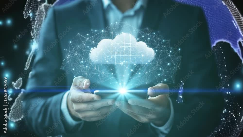 Poster a businessman holds a mobile device with a floating holographic cloud, symbolizing cloud technology,