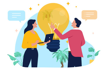 Two professional businesspeople discussing a business idea next to a large glowing lightbulb, with one holding a laptop and speech bubbles indicating conversation. Flat design vector illustration