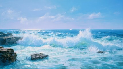 Majestic ocean waves crash against rocky shore. Neural network AI generated