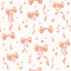 wedding bow seamless pattern with pink, peach bows and silk ribbons. symbol of the fight against breast cancer, femininity, happy birthday seamless pattern, party, celebration, gift, repeat, printable