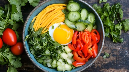 Healthy Vegetarian Bowl with Egg Cucumbers Peppers and Noodles