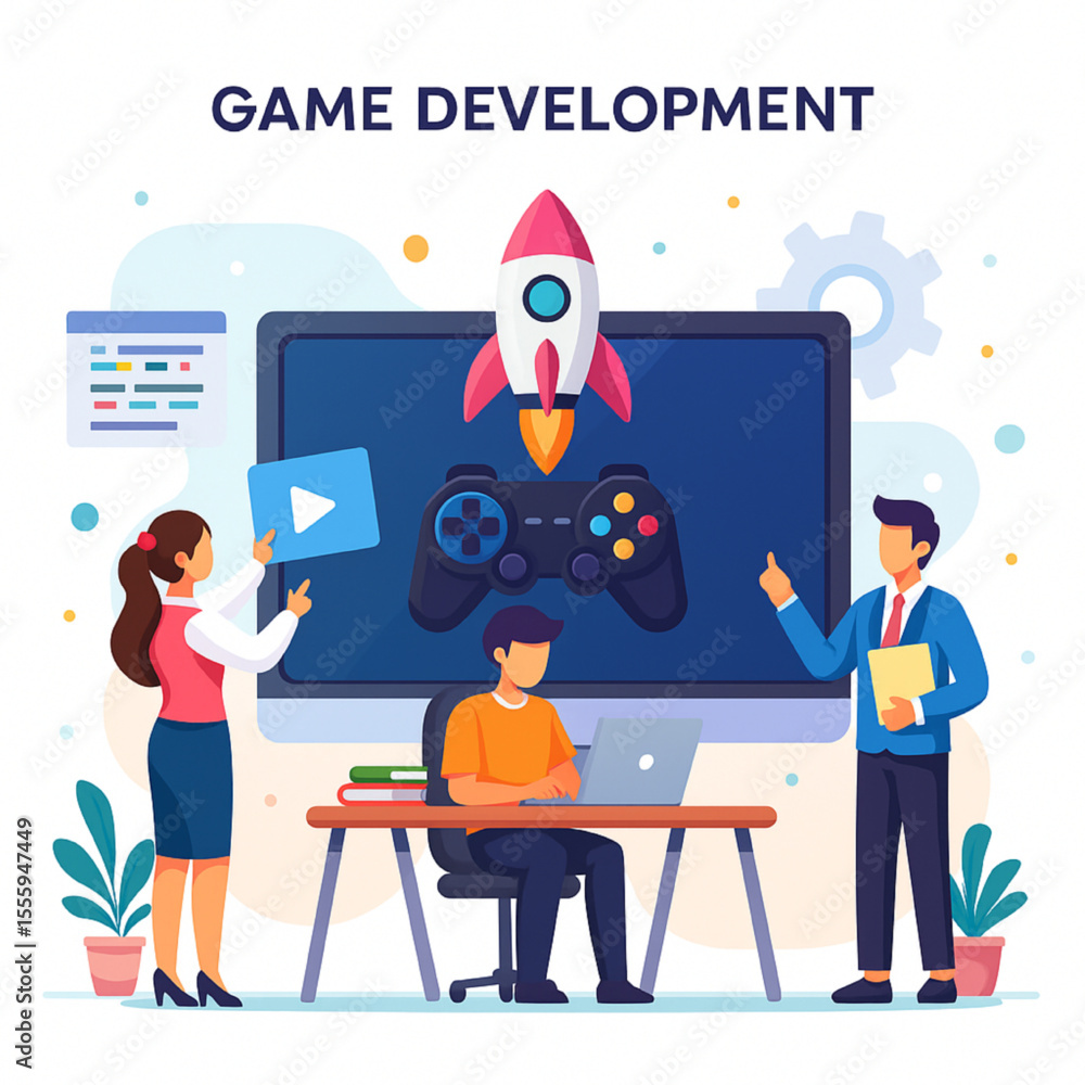 Poster creative illustration depicting a team collaborating on game development, featuring a rocket, game c