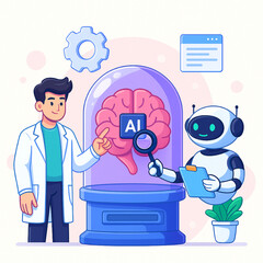 Scientist and Robot Collaborate on AI Brain Research within a Futuristic Lab, Representing Innovation and Technology Development.