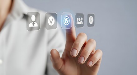Woman presses virtual check mark for validation, showing selection on digital interface with diverse icons.