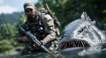 A fisherman is fishing in the river, with his boat floating on top of it, and he has caught an enormous catfish underwater.