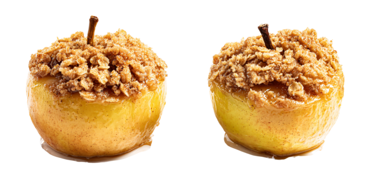 Two golden baked apples with crumble topping and caramel drizzle, showcasing a delicious autumn dessert Concept of comfort food, seasonal treat, and homemade goodness