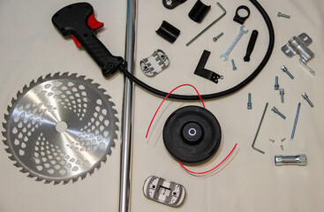 New gasoline-powered Chinese grass trimmer parts out of the box, clean and unused, ready for...