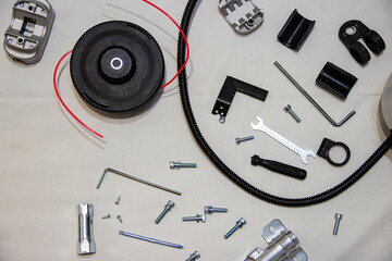 New gasoline-powered Chinese grass trimmer parts out of the box, clean and unused, ready for...