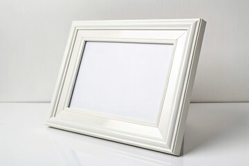 White photo frame mockup on white background. Blank space for artwork, photography, or poster design. Ideal for modern interior, wall decor, and product presentations.